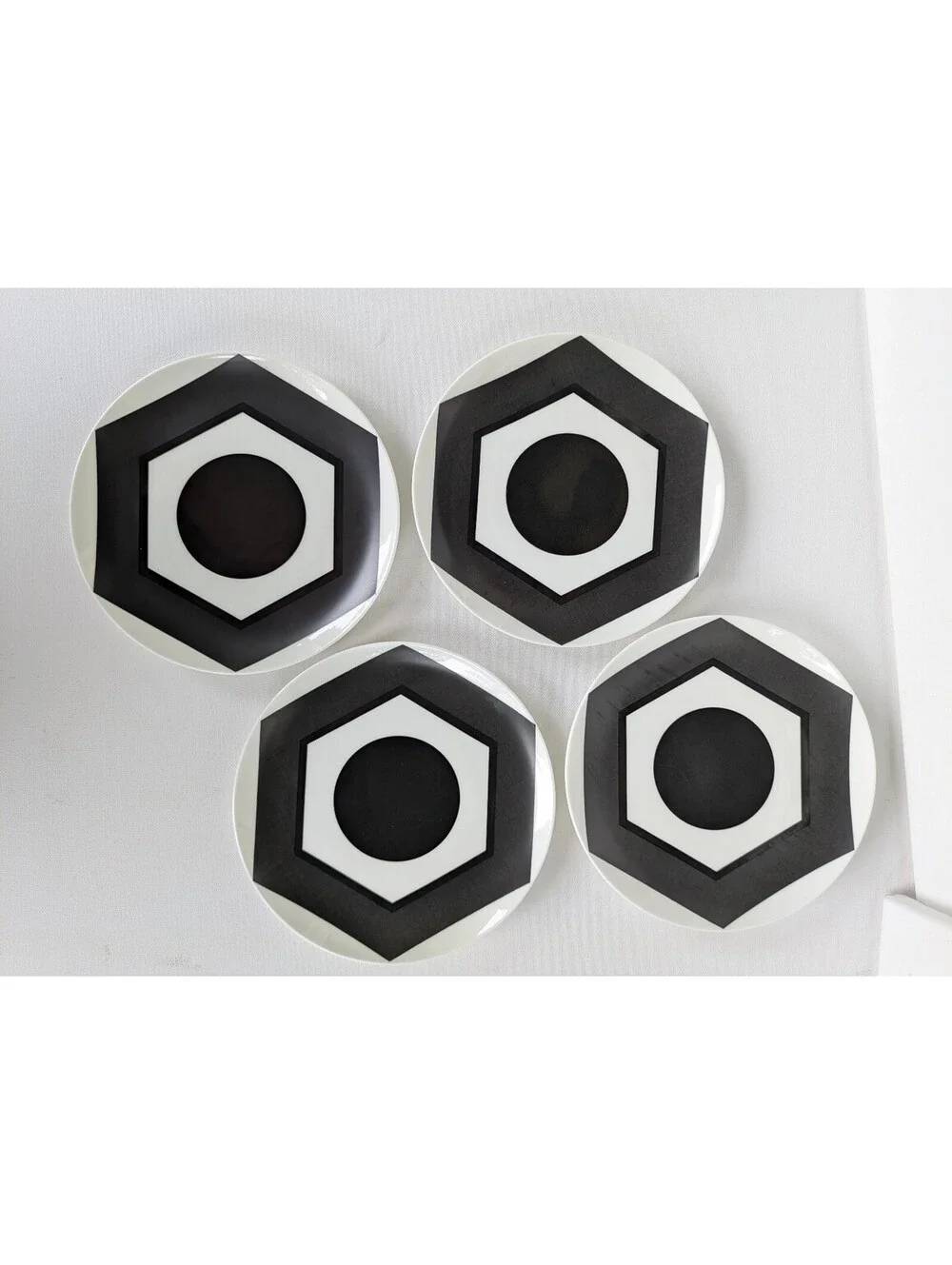 Vintage 1970s Set of 4 Black & White Geometric Bone China Small Plates, Japan